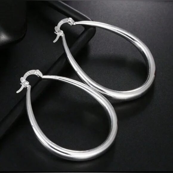 SILVER 925 41 mm Drop Shape Hoop Earrings - Picture 1 of 4